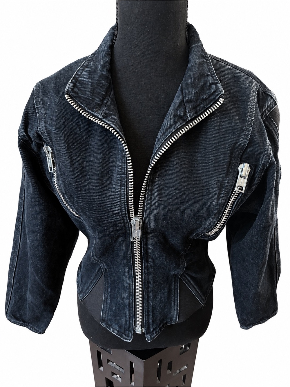 Vintage Parasuco Black Denim Moto Jacket Y2K Made in Canada S